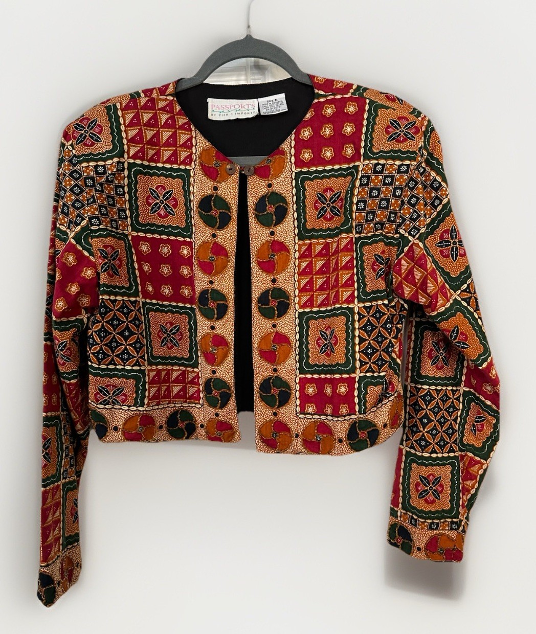 VTG Passports Pieri Imports Beaded Long Sleeve Button Blazer Crop Jacket Sz M