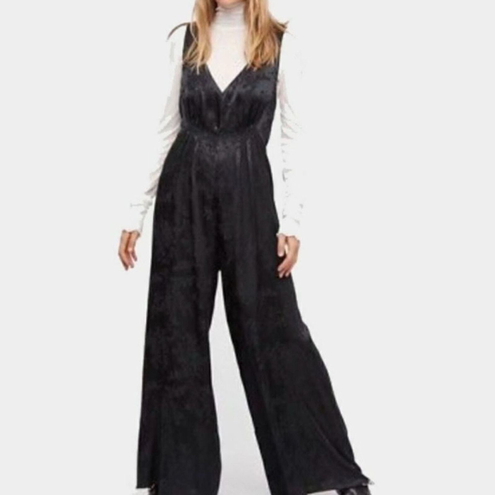 Free People XS Black Zuri Jumpsuit Extreme Wide Leg Silky Feel