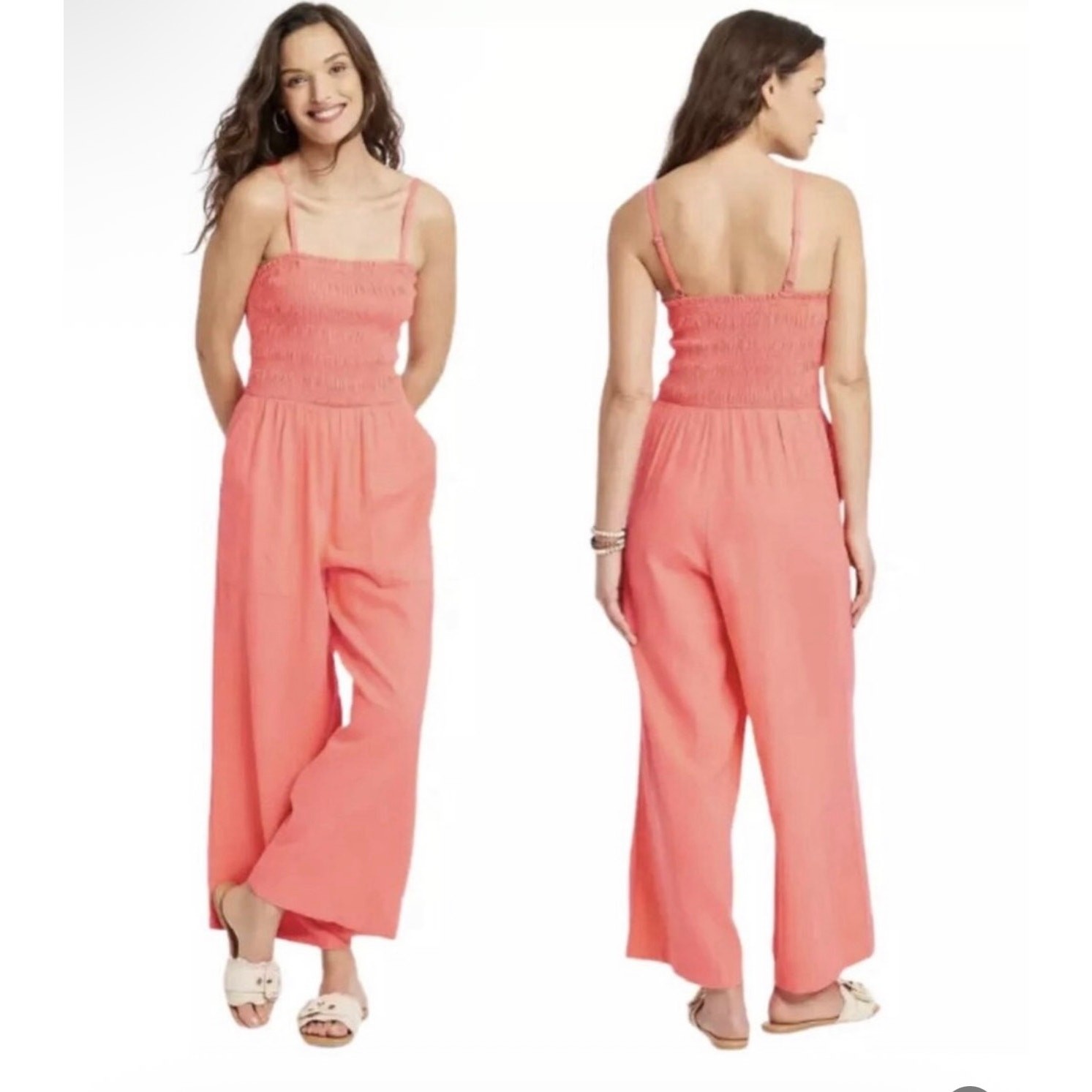 Universal Thread Smocked Cropped Romper with Pockets Coral Pink Women’s Size S