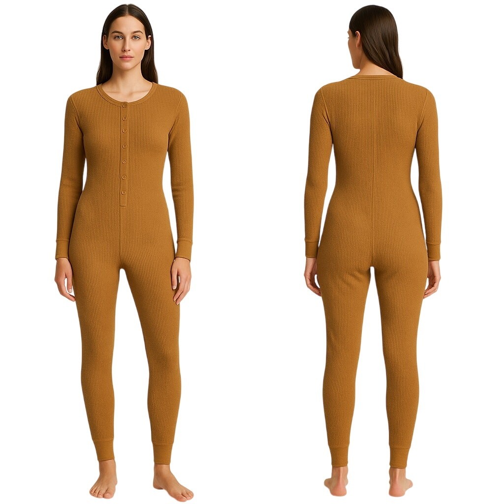 Skims Waffle Knit Henley Jumpsuit XL Caramel Brown