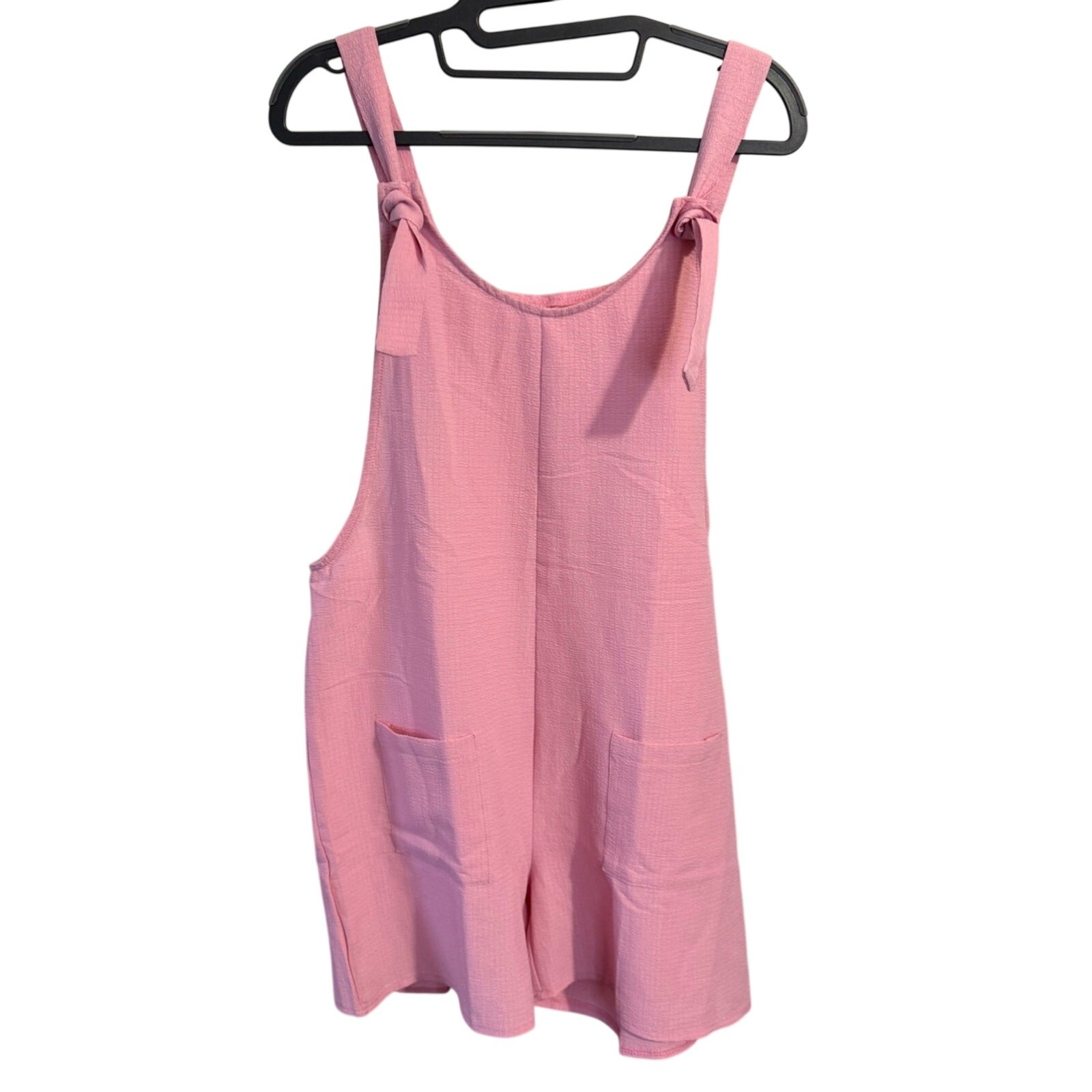 Pink Tie-Strap Romper with Front Pockets