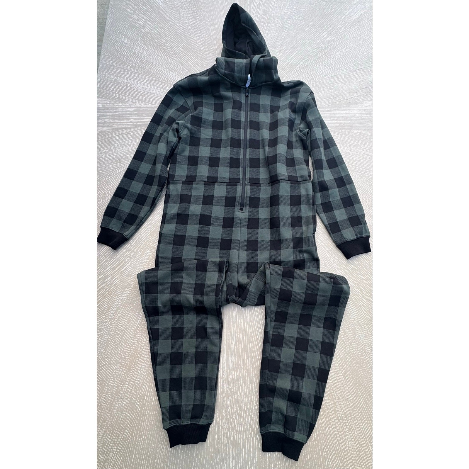 Fabletics Hooded One Piece Pajama Lounge Romper Gray Buffalo Plaid M TALL
