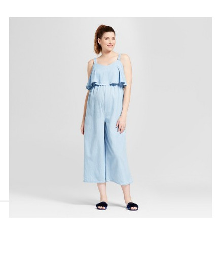 Isabel Womens Maternity Light Blue Chambray Flounce Jumpsuit Size Large NWT