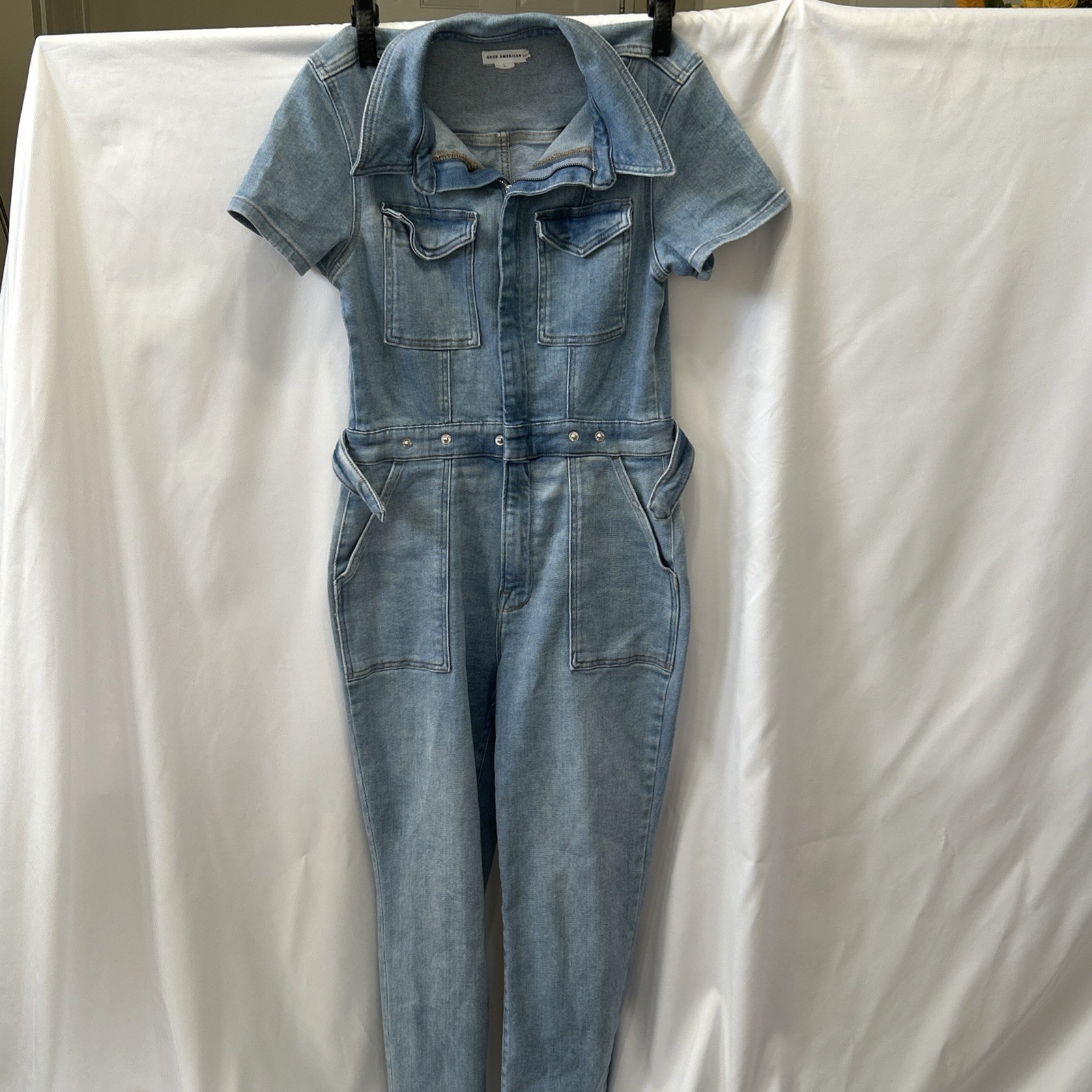 Good American Women’s Fit for Success Denim Jumpsuit In Mid Blue Size Large