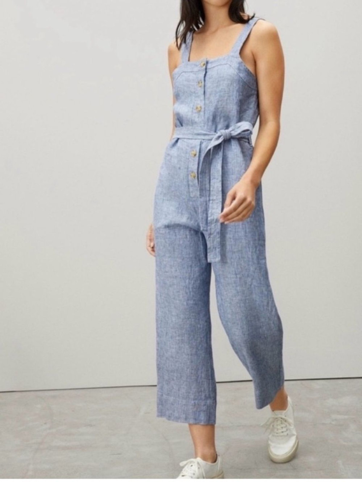 Everlane Sleeveless Chambray linen blend Jumpsuit in Light Blue strip 6 no belt