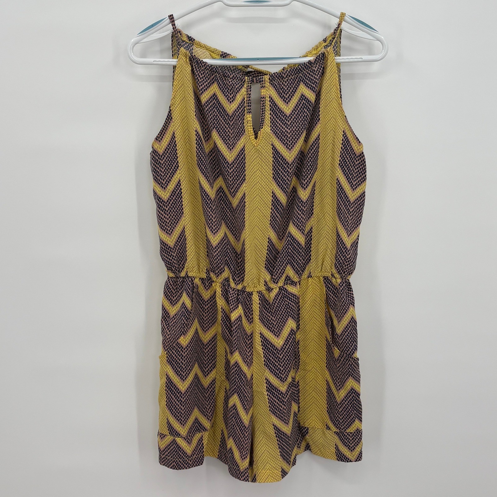 Sky Triangles Womens Yellow Purple Chevron Snake Print Halter Romper Size M