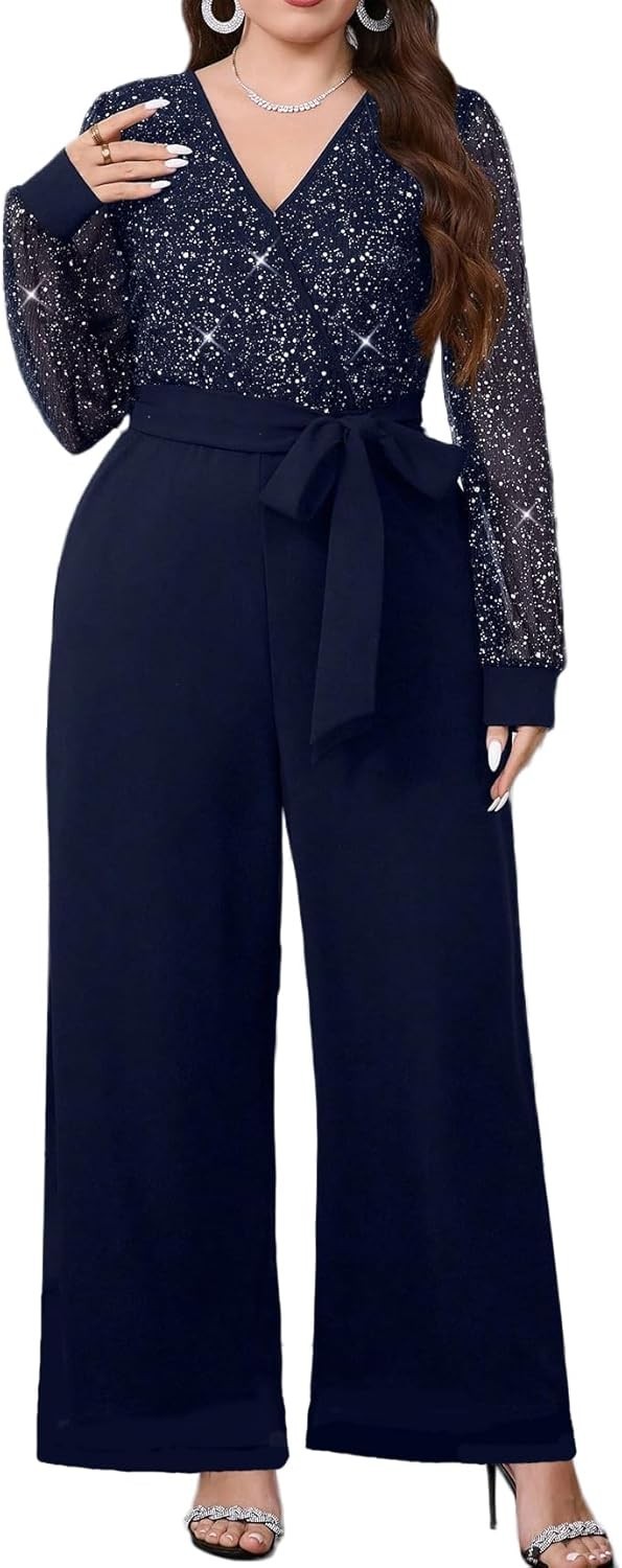710-Plus Size Long Sleeves Sequin Top Solid Wide Legs Long Jumpsuit With Pockets