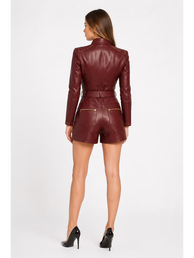 Handmade Genuine Lambskin Leather Short Jumpsuit for Women | Custom Made