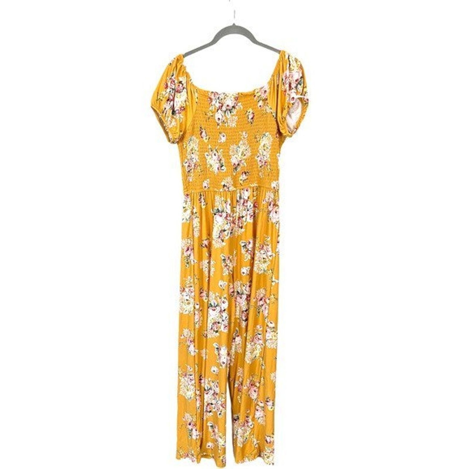 Wide Leg Smocked Floral Jumpsuit Puff Sleeves by Derek Heart – Yellow, L