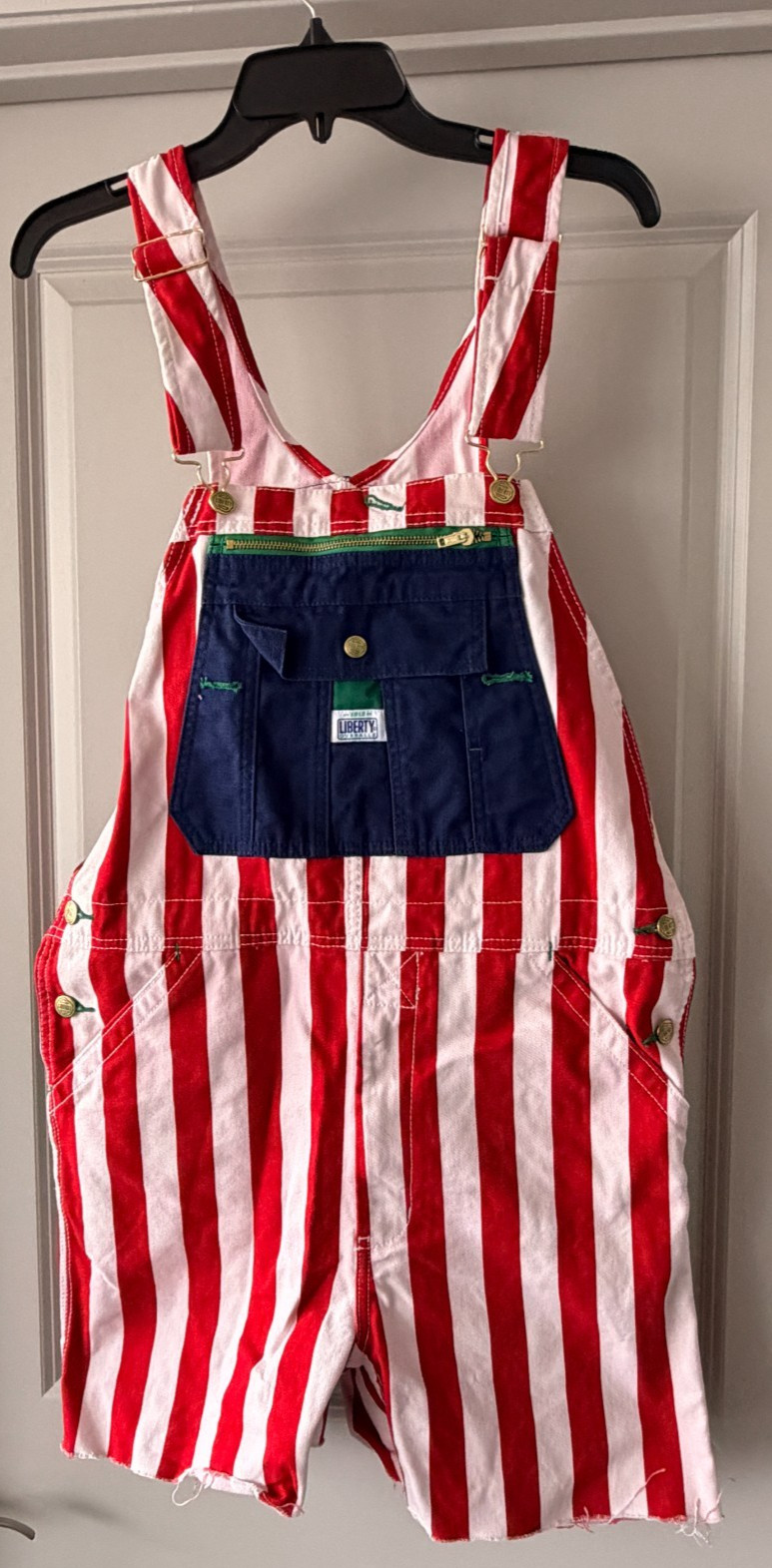 Liberty Cut Off Bib Overalls Denim Jean Shorts Size 32 100% Cotton RED WHITE BLU