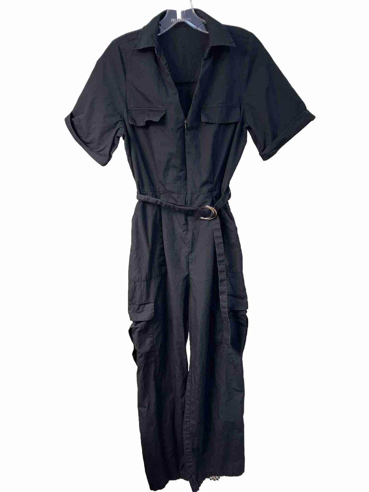 Zara Jumpsuit Small V-Neck Belted Black Zip Front Short Sleeve Cuffs Pockets