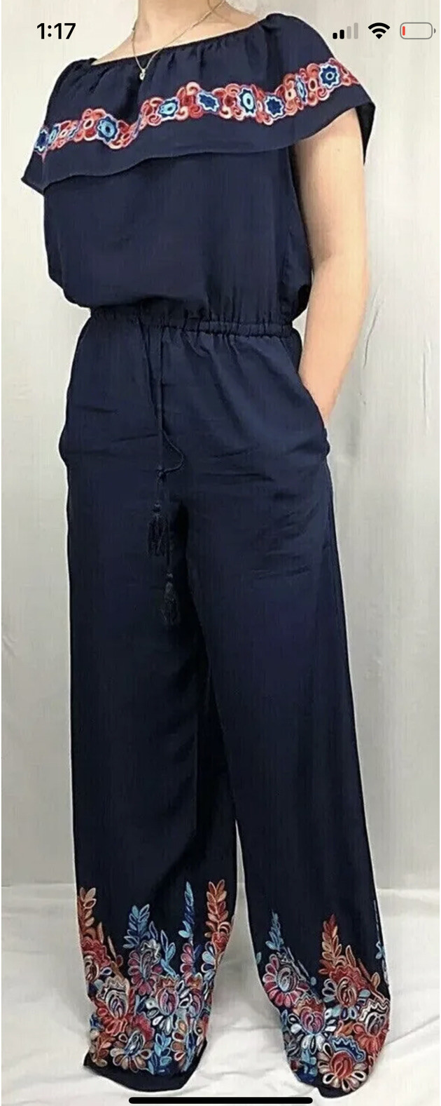 Chelsea Violet Woman Jumpsuit XS Embroidered Off Shoulder Short Sleeve Boho New