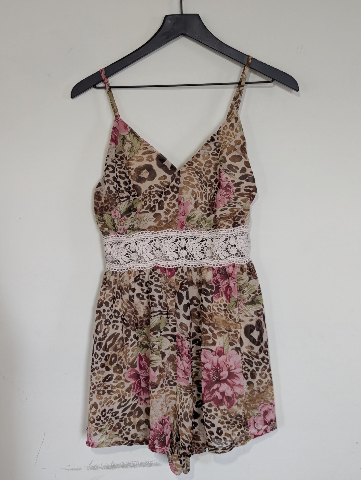 Just Polly Fairy Grunge Babydoll Romper Size L Floral Animal Print Chiffon