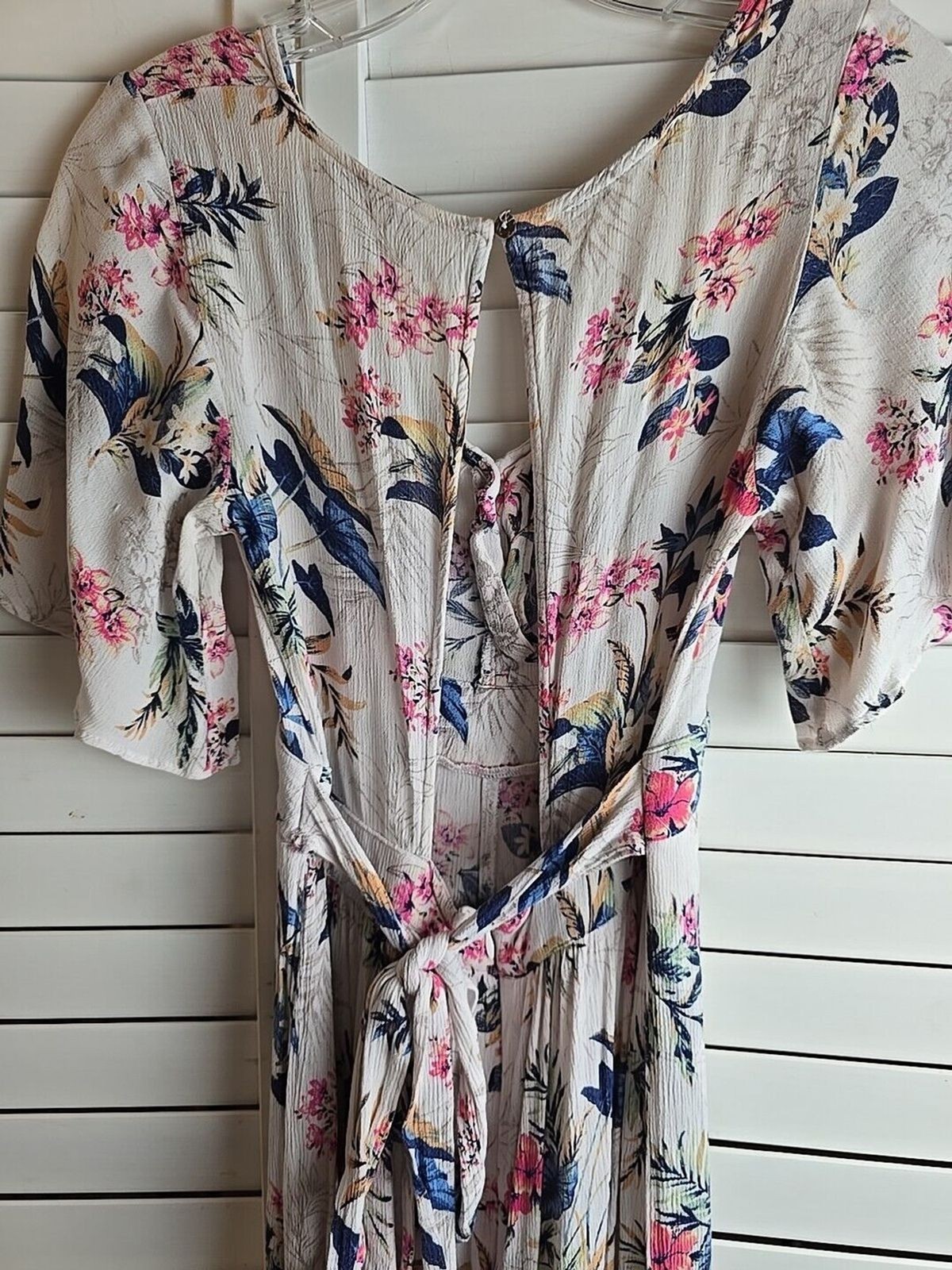 American Eagle Floral Maxi Romper Size 4 White Green Pink Open Back Kimono