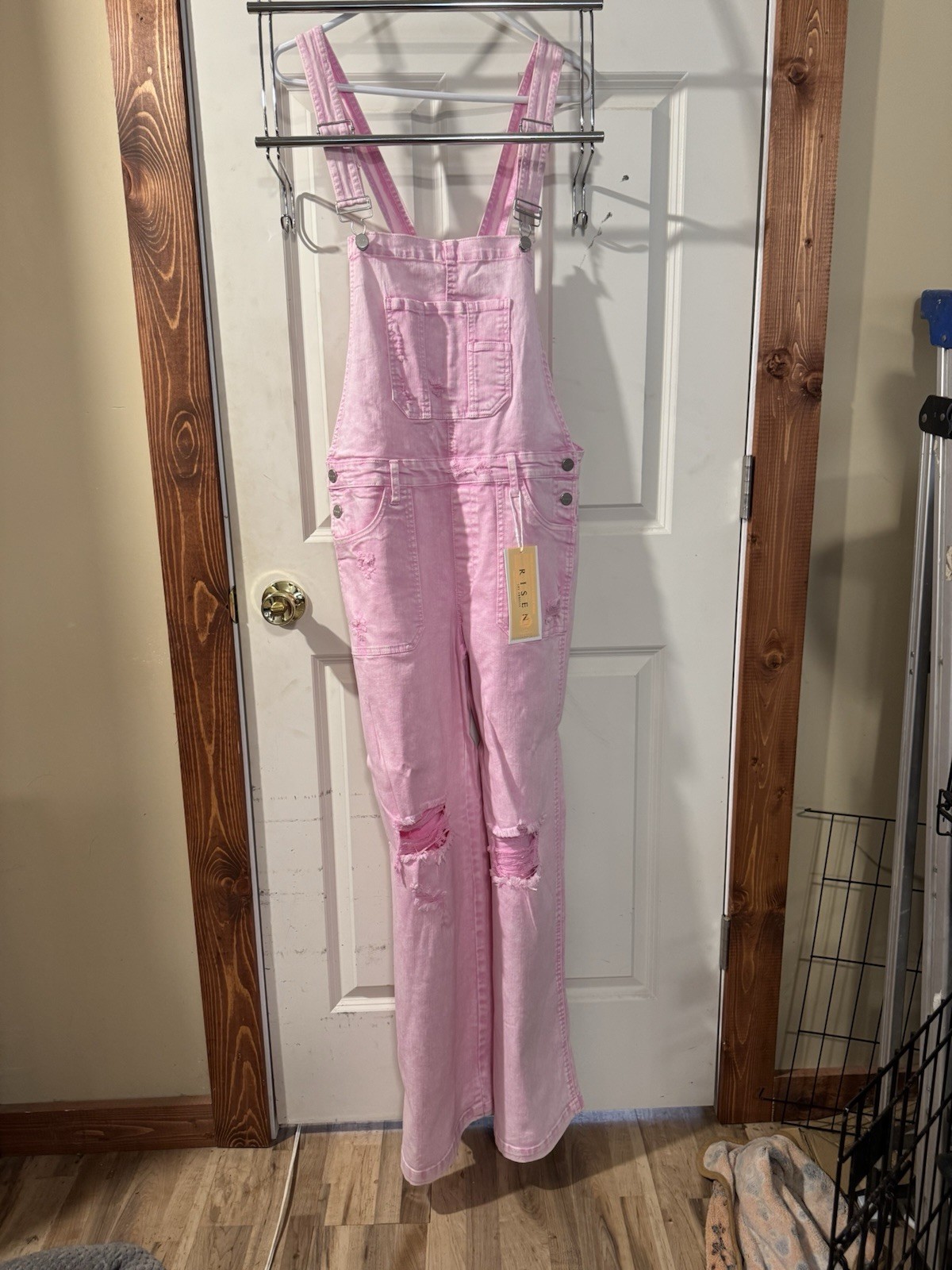 RISEN Pink Distressed Denim Overalls Jumpsuit Women Adjustable Straps Pockets