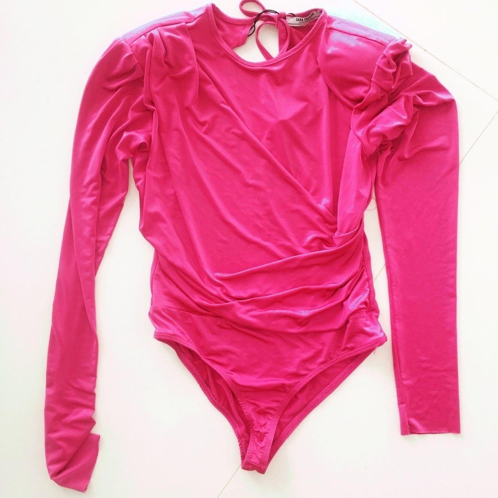 NWT Zara Pink Fuchsia Draped Shoulder Pads 80s Bodysuit Small S 4 6 (A5)