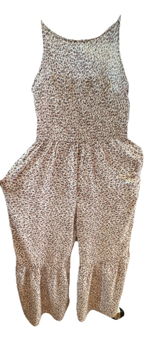 Japna Beige Brown Leopard Print Smocked Wide-Leg Jumpsuit 100% Rayon S 32082