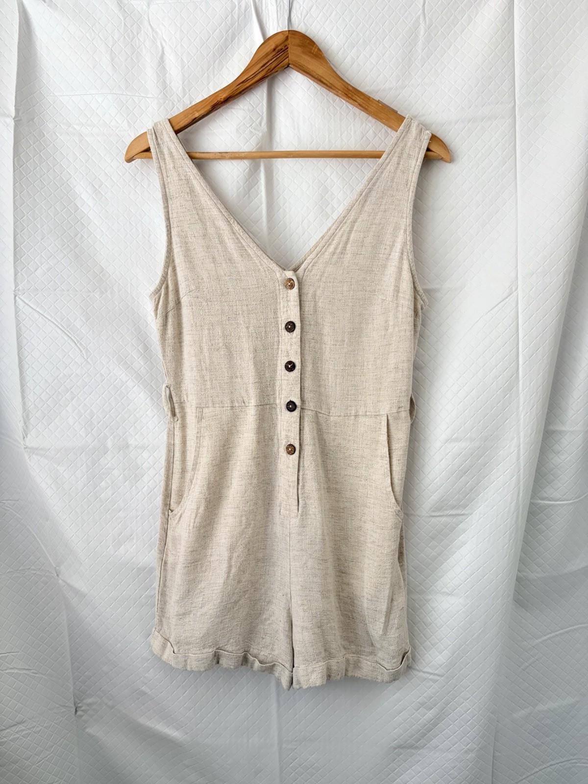 Vici Romper V Neck Button Front Linen Blend Beige Neutral No Belt