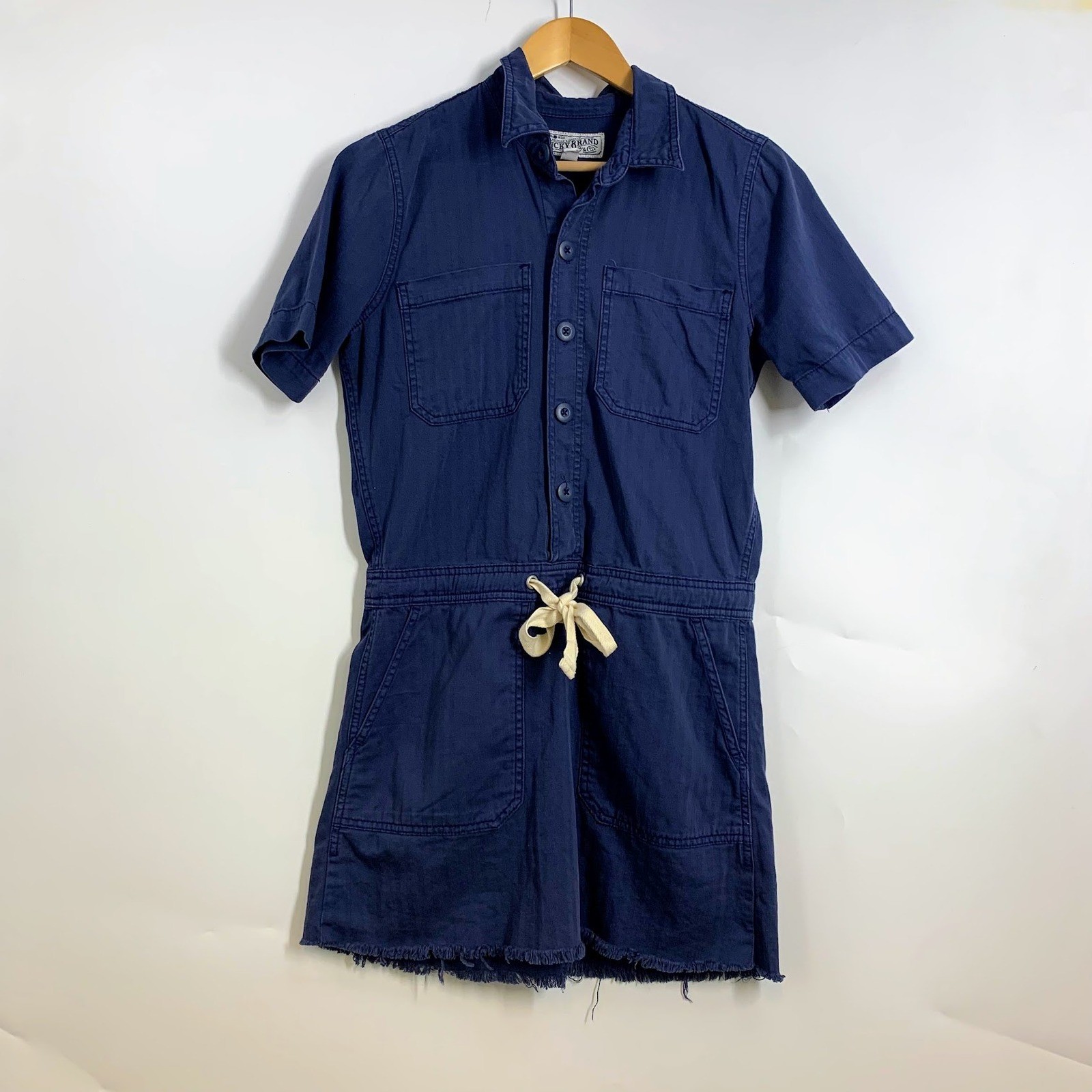 Lucky Brand Navy Blue Utility Romper Short Sleeve Drawstring Waist Frayed Hem