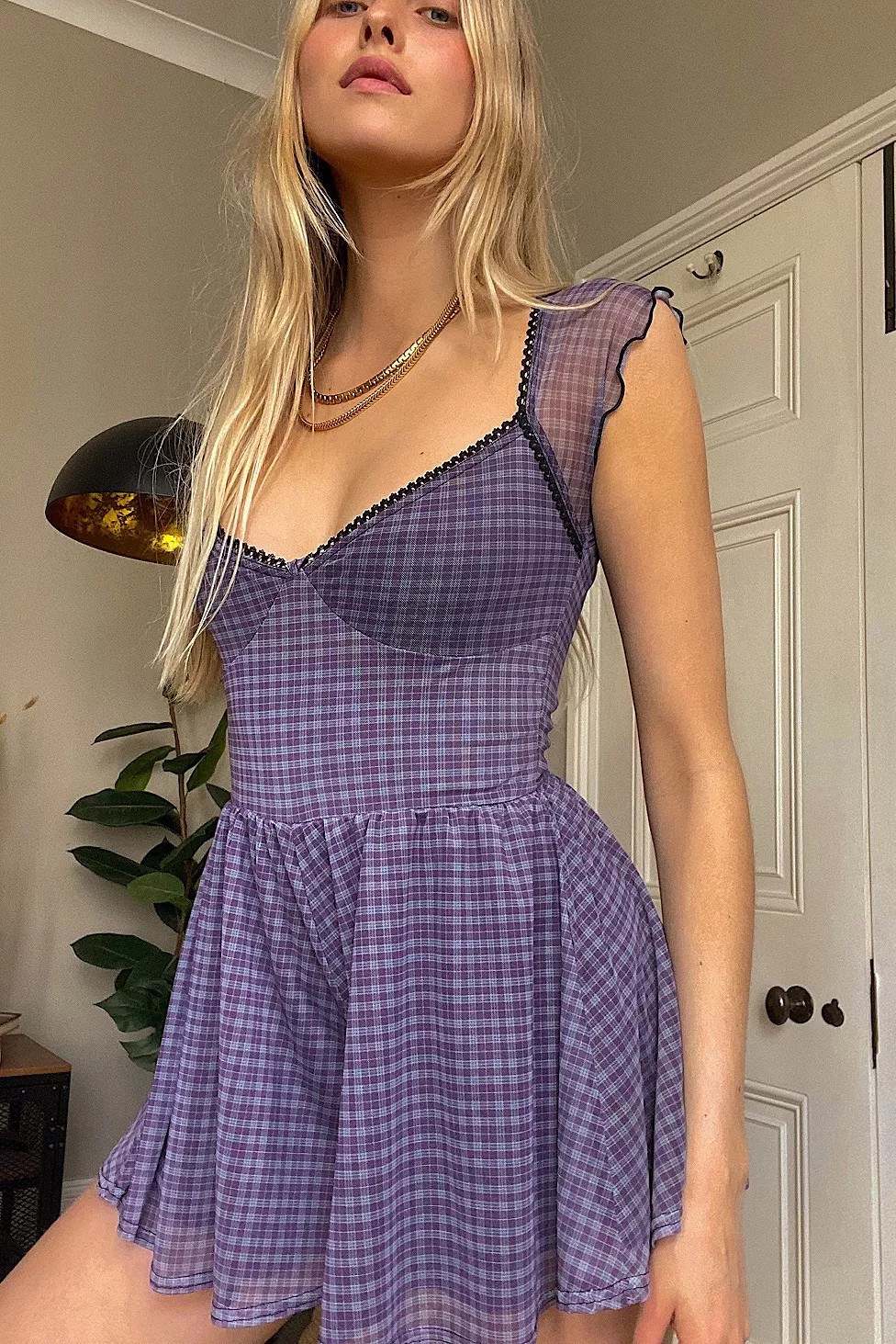 Urban Outfitters Milly Mesh Playsuit Size Medium 10 Y2k 90s grunge Tartan Check