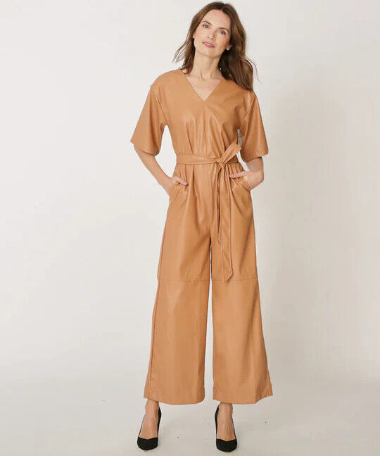 Beige Real Soft Lambskin Leather Jumpsuit Belted Handmade Stylish Party Designer