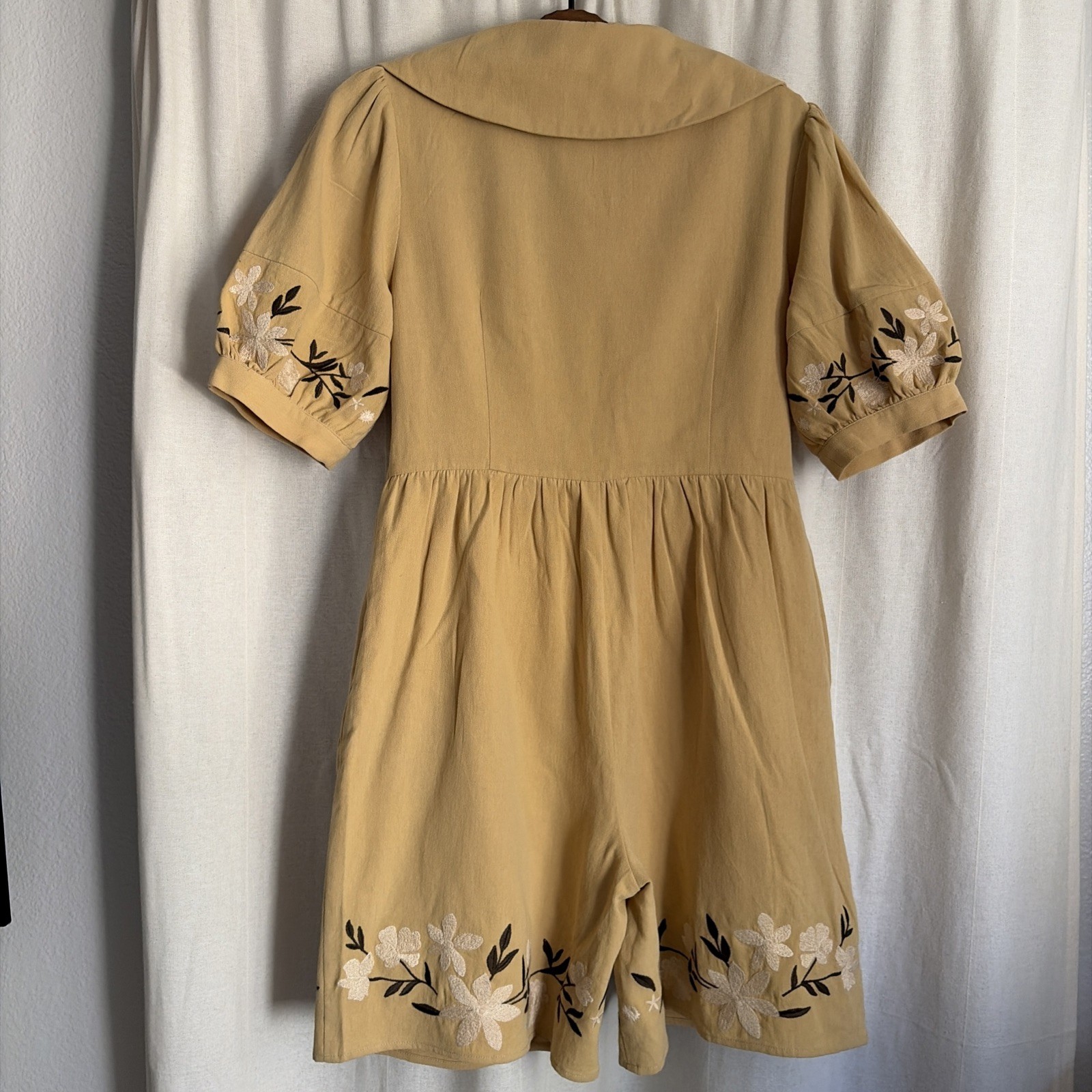 Embroidered Collared Button Romper Shorts Short Sleeved Small Cottagecore Cotton