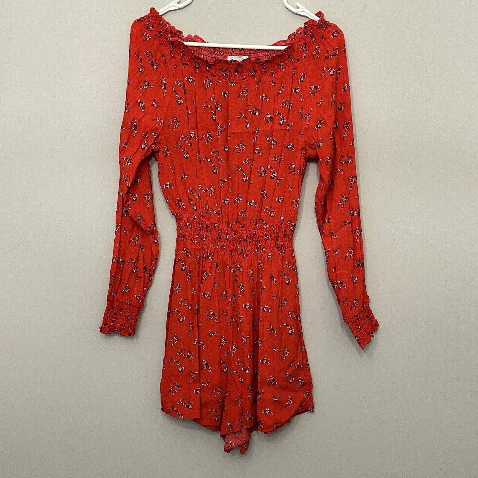 Kendall & Kylie Romper Womens S Red Cherry Blossom Floral Smocked Off Shoulder
