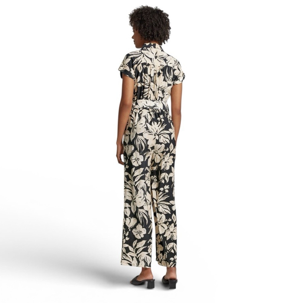 New Mango Black & Cream Floral Jumpsuit Womens Size Medium Short Sleeve Wide Leg