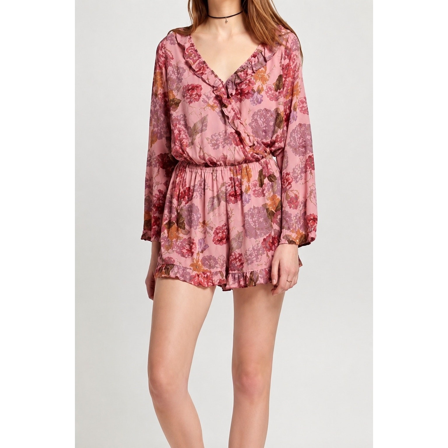 Mossimo Pink Floral Romper Boho Ruffle Long Sleeve Cottagecore Vacation SZ Small