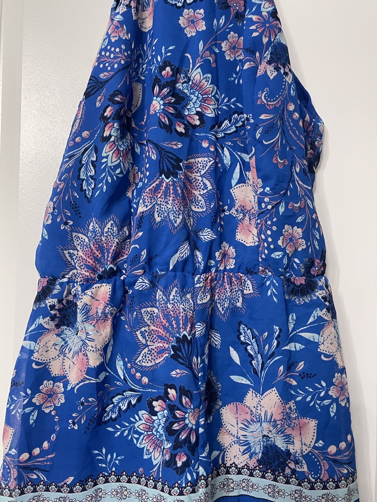 Coastal Blue Floral Romper M Women High Neck Jumpsuit Short Festival Outfit Boho