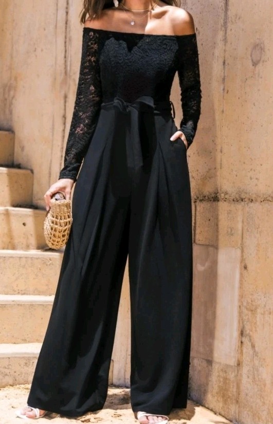 Nwt CUPSHE Women’s Black Elegant Lace Offshoulder Wide-leg Jumpsuit Extra Large