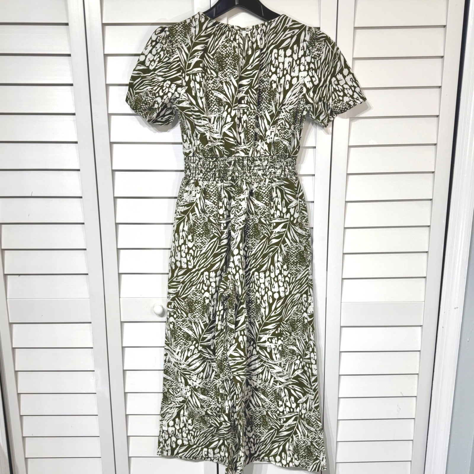 Nicole Miller NY Olive Green Tropical Palm Print Linen Jumpsuit XS Wide Leg