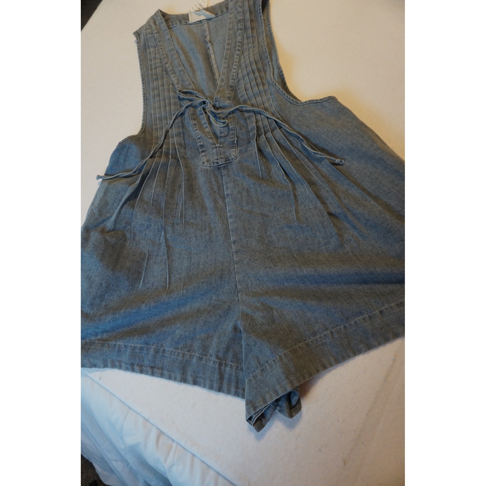 Lov Mob Light Wash Denim Pleated Lace Up Sleeveless Romper Blue Jumpsuit