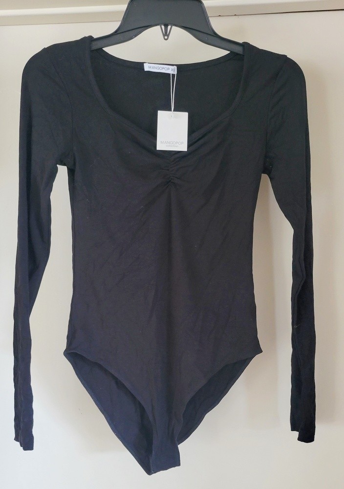 Mango Pop Womens Black Front Ruche Body Suit Long Sleeve SIZE Extra Small XS NWT