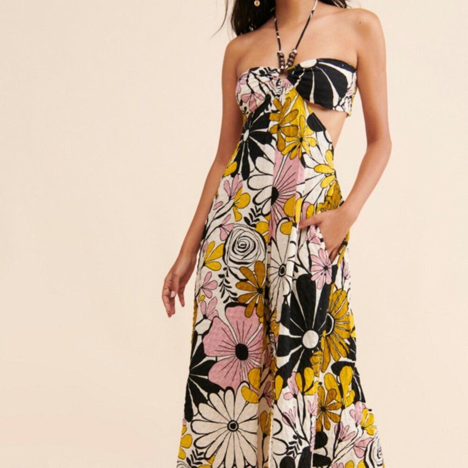 Parrott Paints for Anthropologie Beaded Wide Leg Jumpsuit Retro Mod Floral