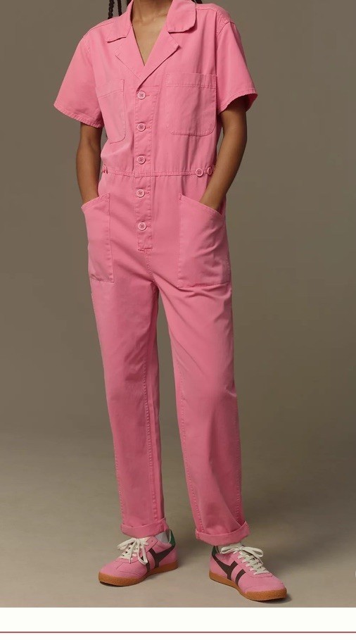 Pistola Grover Short Sleeve Jumpsuit Pink Cotton Straight Button Anthropologie