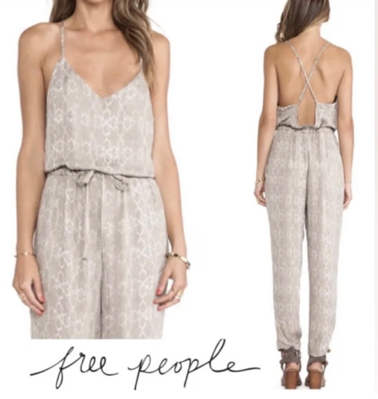 Free People Sunset Jumpsuit Natural Taupe Snake Print Open Back Medium M