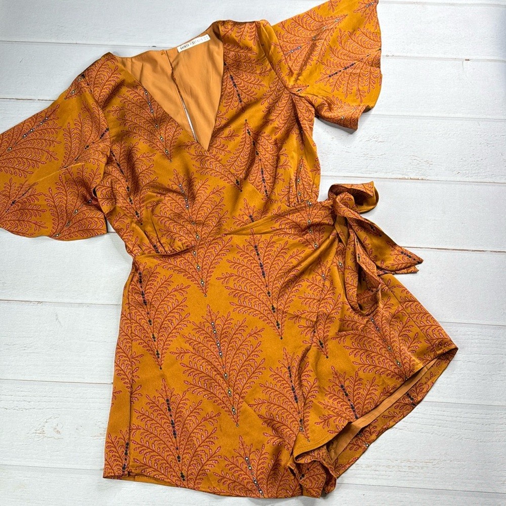 Saints + Secrets V-Neckline Wrap Romper Leaf Print Mustard Size Small