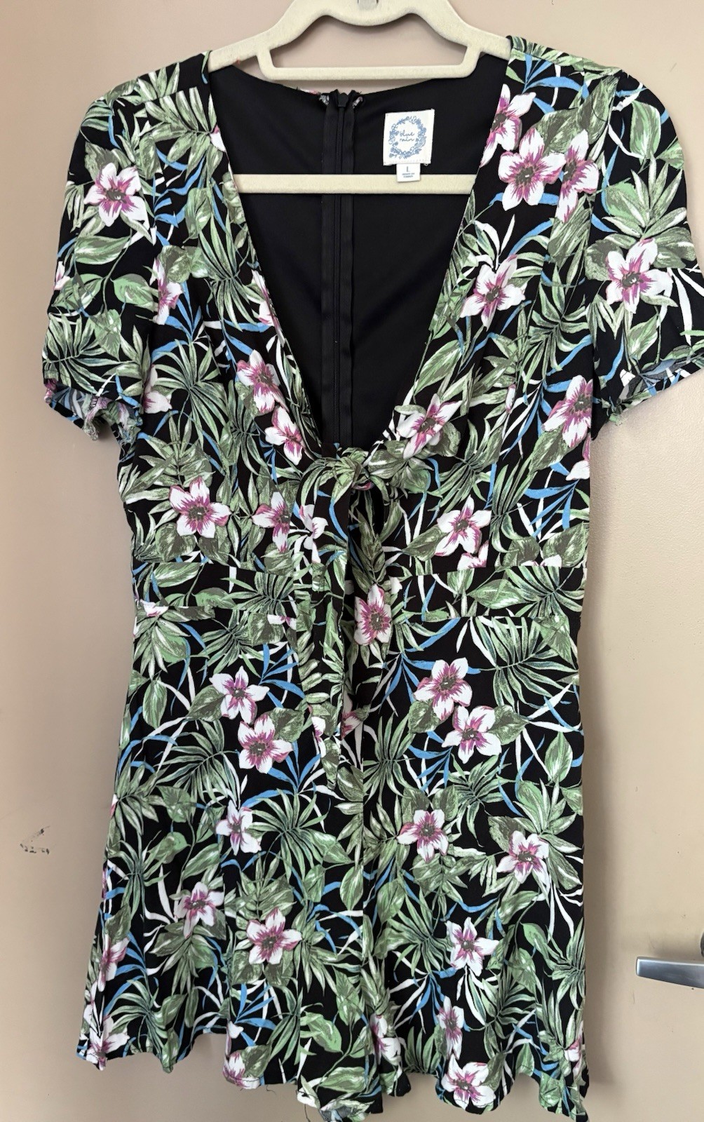 Blue Rain Tropical Print Romper Zipper Back Cutout Design Mid Chest Size Large