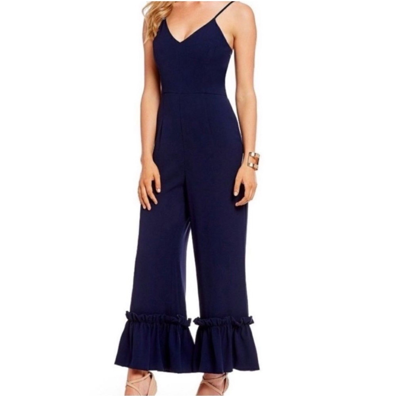 Gianni Bini Stella Navy Blue Ruffle Legs Jumpsuit Size 4 NWT Wedding Guest