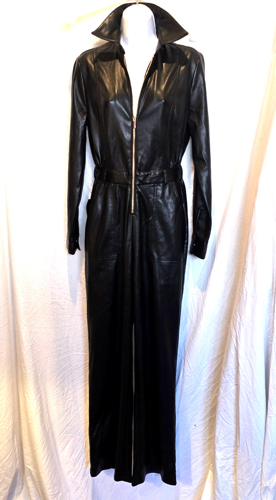 Women’s Sleek Shiny Faux Leather Black Catsuit Jumpsuit BEBE x Ciara Sz S/M NWT