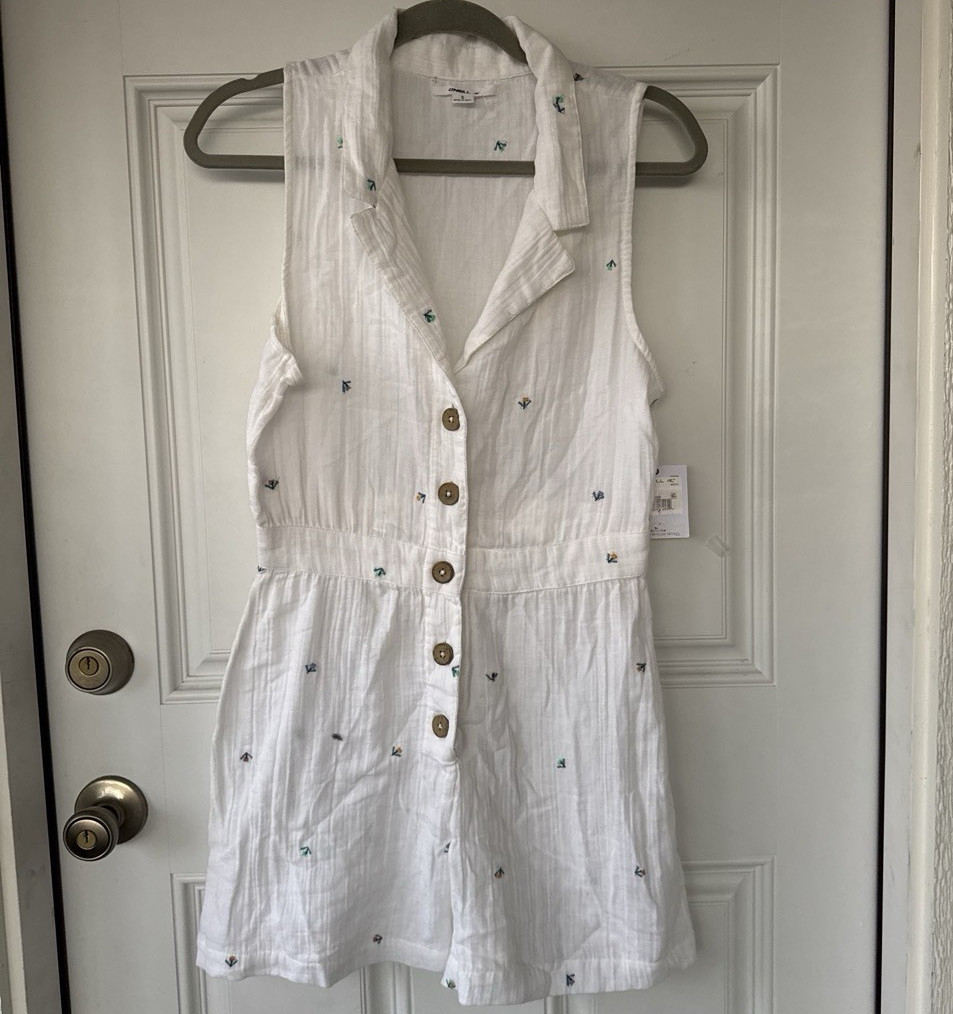 O’Neill White Women’s Romper S Sleeveless Collared Button Front Embroidered