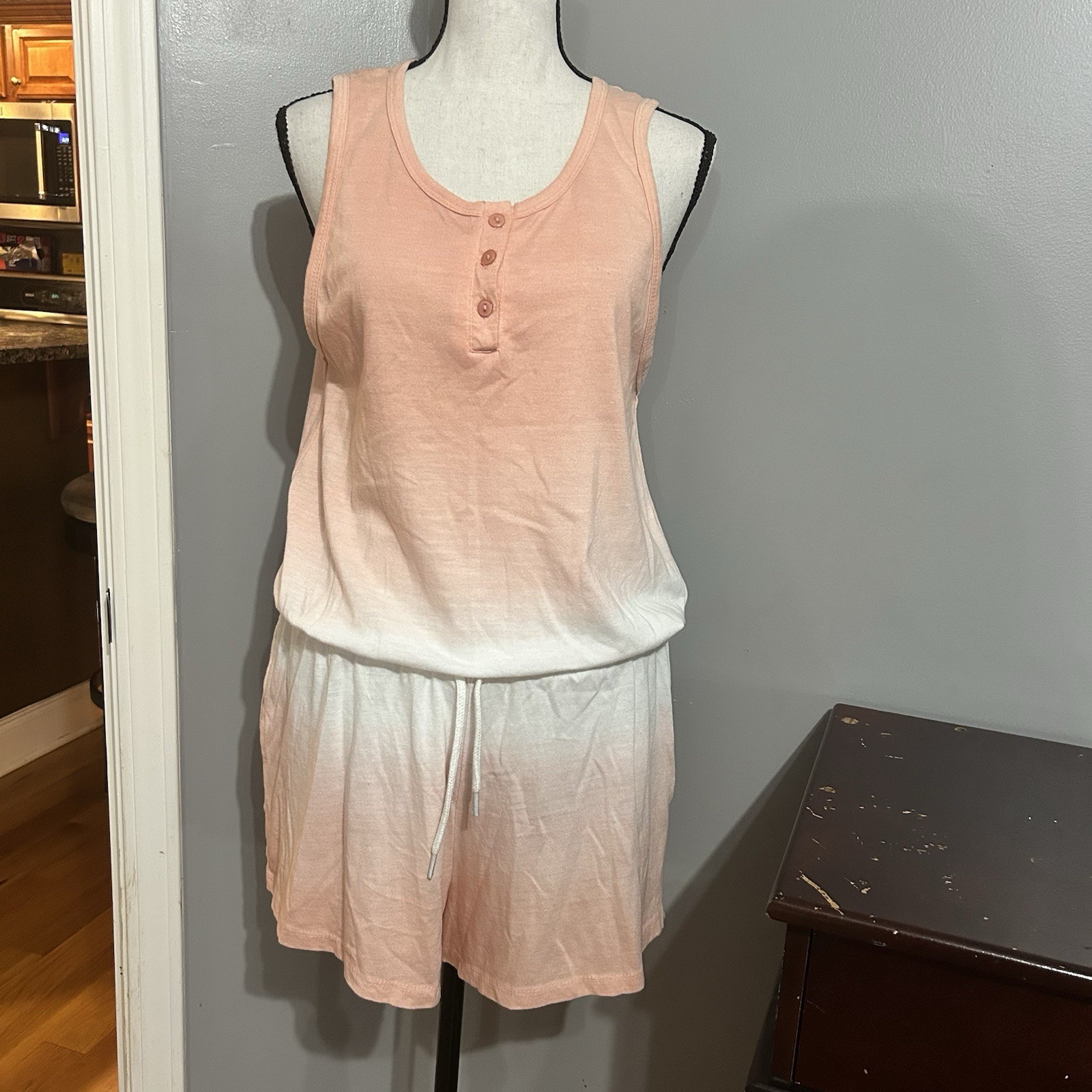 Exist Relaxed Fit Romper Dip Dye Peach White Cotton Blend Pockets NWT Large