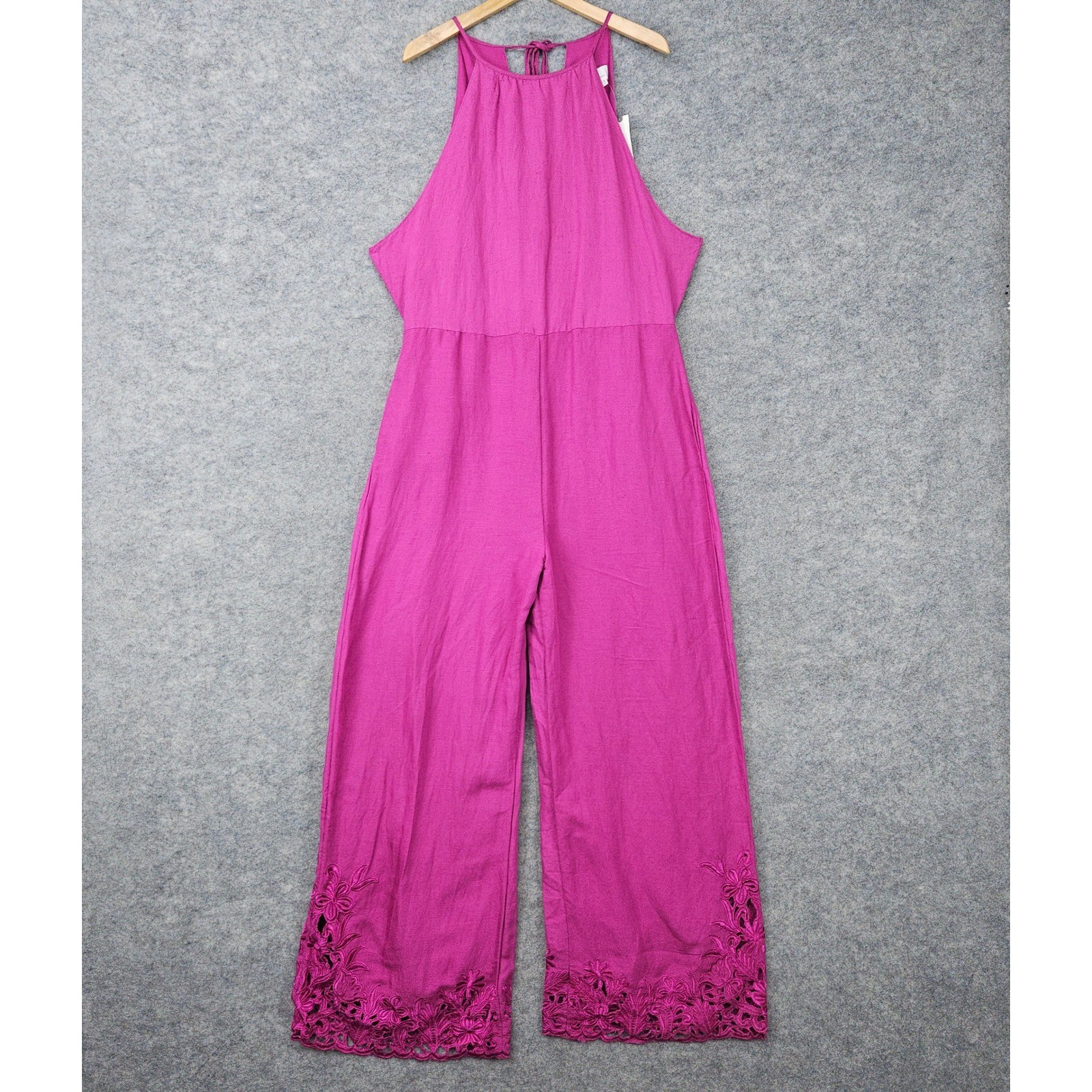 NEW Anthropologie Women’s Fuchsia Pink Jumpsuit Size 16 Linen Blend Embroidered