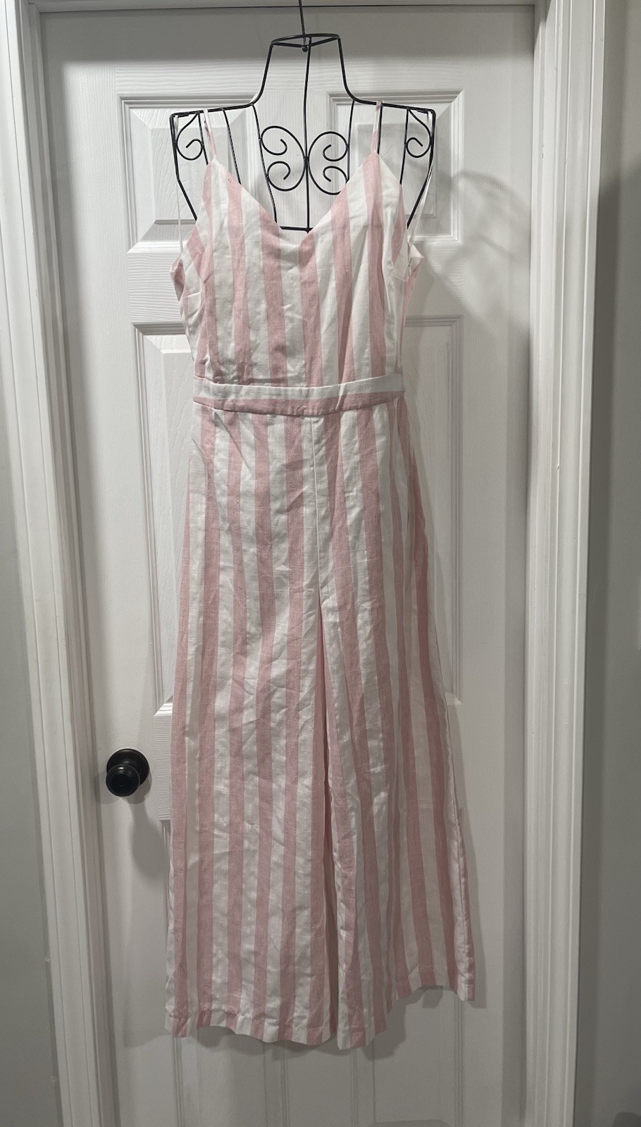 Lumiere Pink White Striped Jumpsuit Women M Wide Leg Tie Back Resort Beach