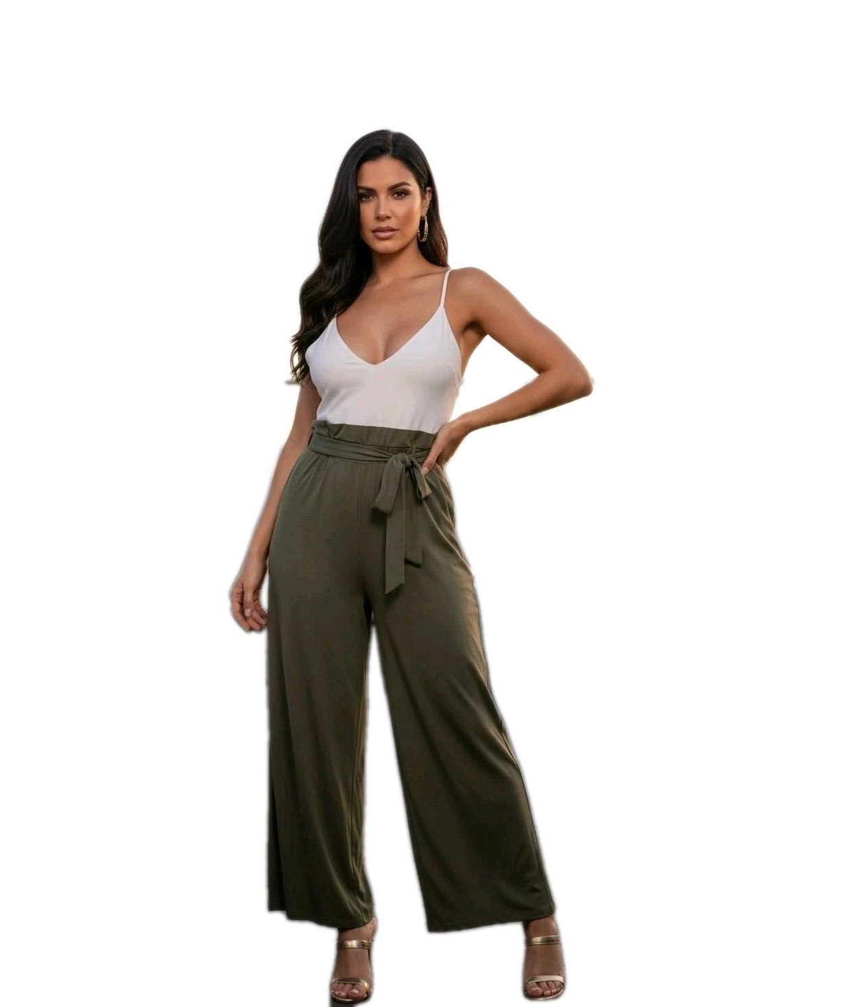 ShineStar Jumpsuit M Paper Bag Waist Tank Top White Olive Green Romper Sz Medium