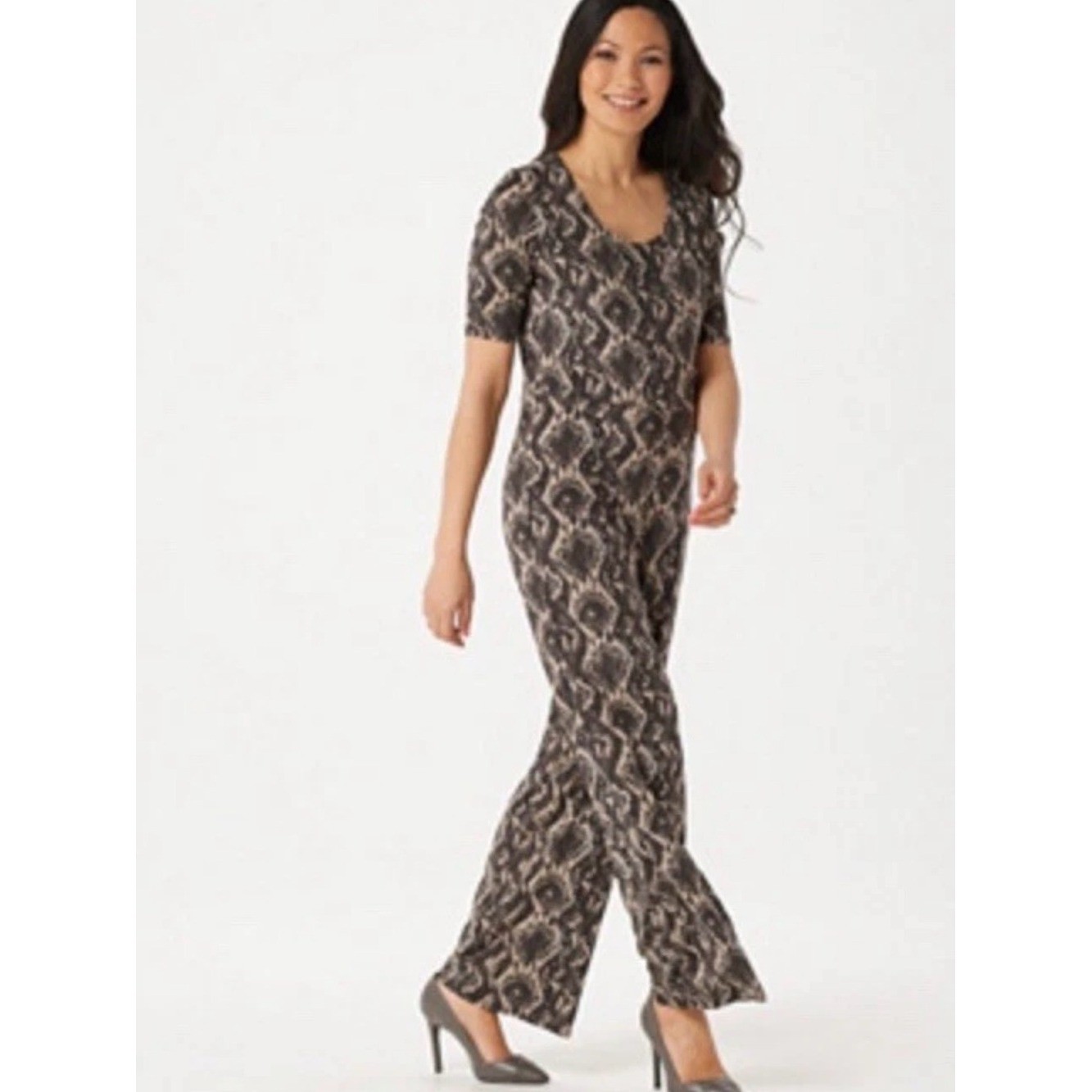 H by Halston Women Regular Snake Jet Set Wide- Leg Surplice Jumpsuit large