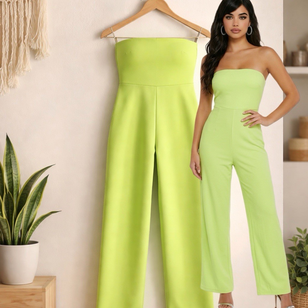 🛍️ FOREVER 21 Y2K Neon Lime Green Strapless Wide Leg Jumpsuit Jumper LARGE NWT