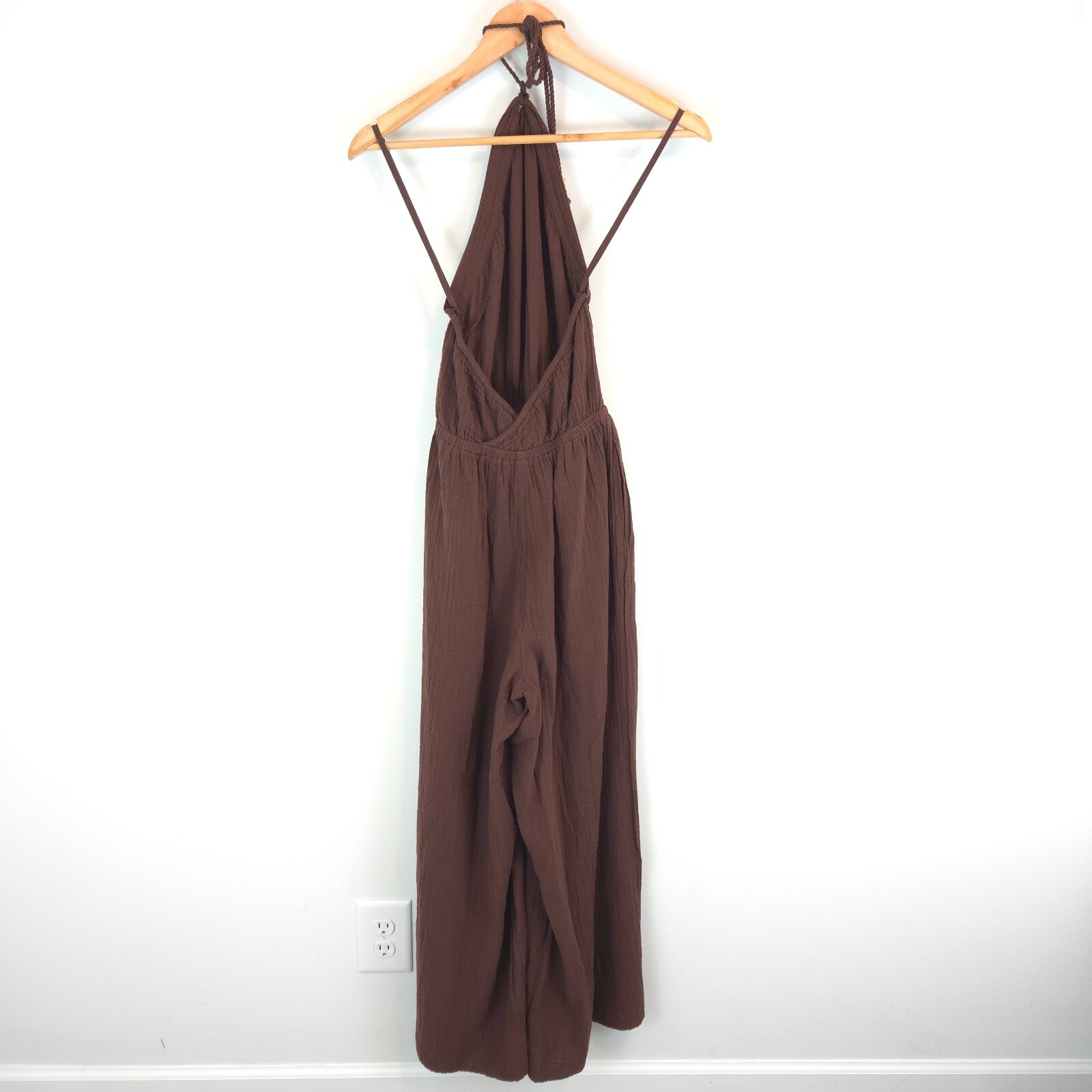 Aerie Women’s Brown Gauzy Halter Jumpsuit Lightweight Cotton Pockets Size XS