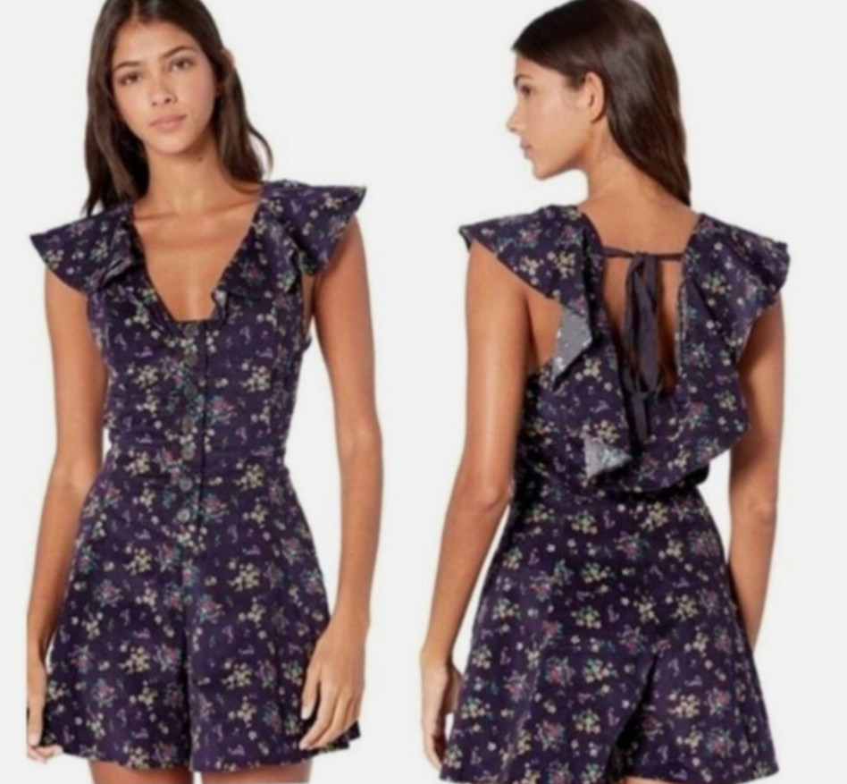 NEW Free People S Violet Visions Romper Corduroy Floral Ruffle Festival $168 C29